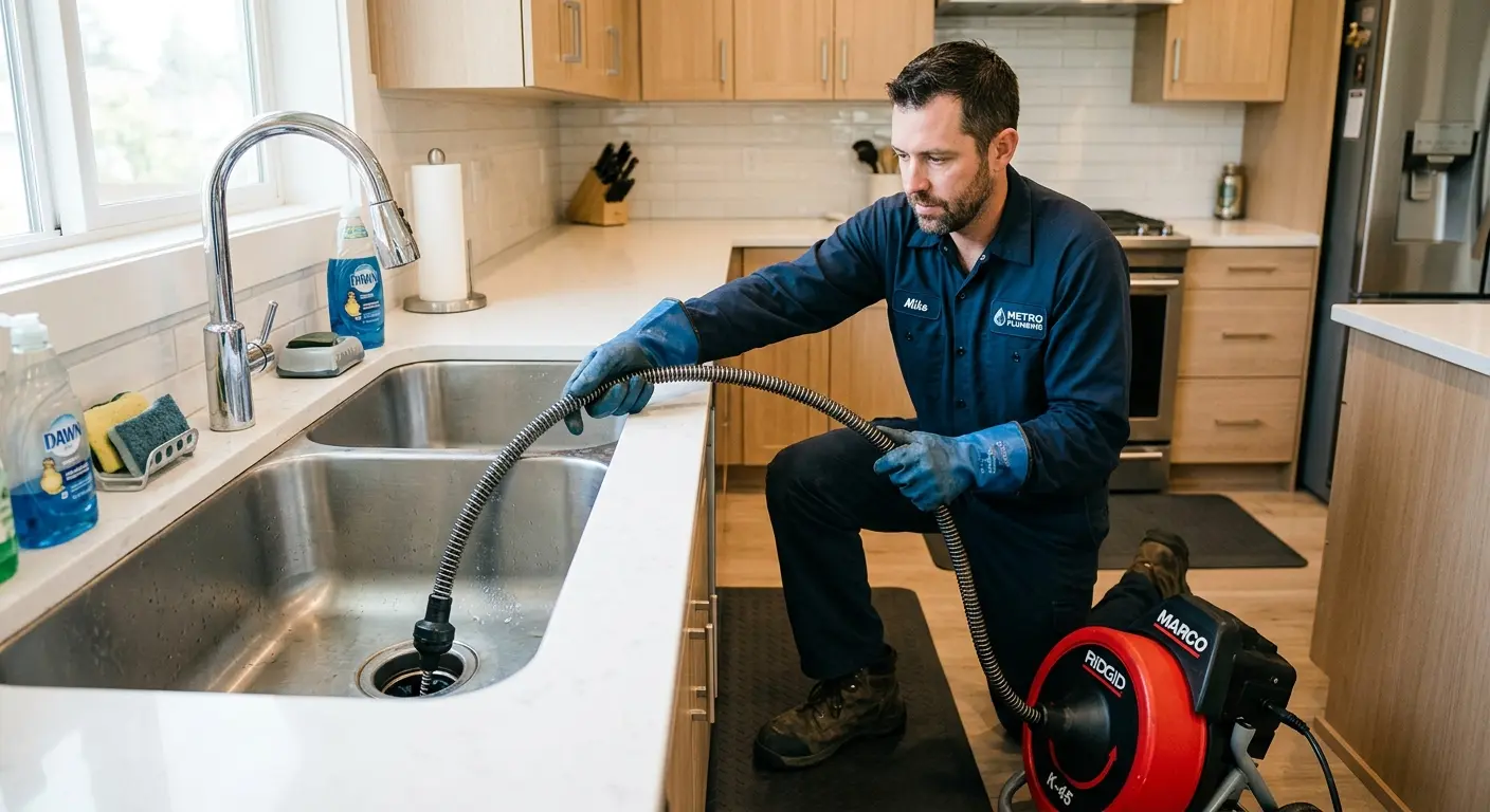 Drain cleaning technician using a motorized snake on a kitchen sink in Gladstone