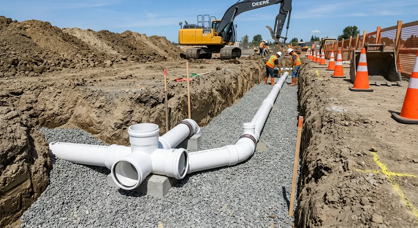 New PVC sewer pipe installation in open trench for Sewer Backup in Gladstone