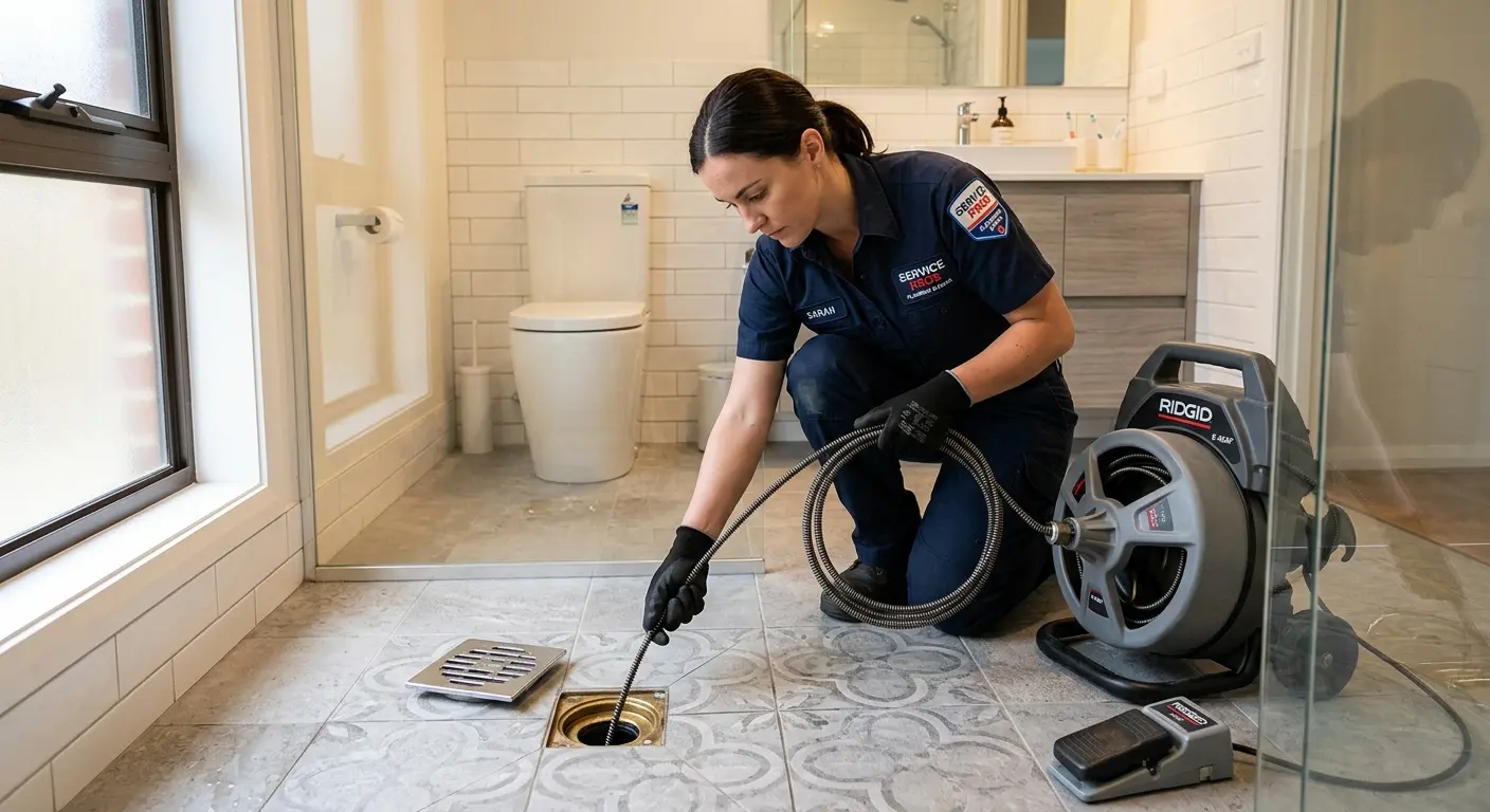 Technician clearing a bathroom floor drain for Hydro Jetting in Gladstone